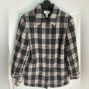 Talbots Petites Womens Lightweight Wool Blend Black/Gray/Beige Plaid Jacket Sz S